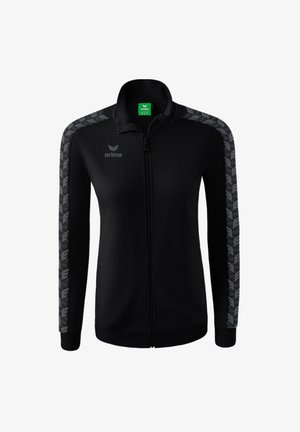 Giacca nera con zip, realizzata in tessuto morbido, con accenti grigi a motivo lungo le maniche e un logo sul petto. Presenta un collo alto.