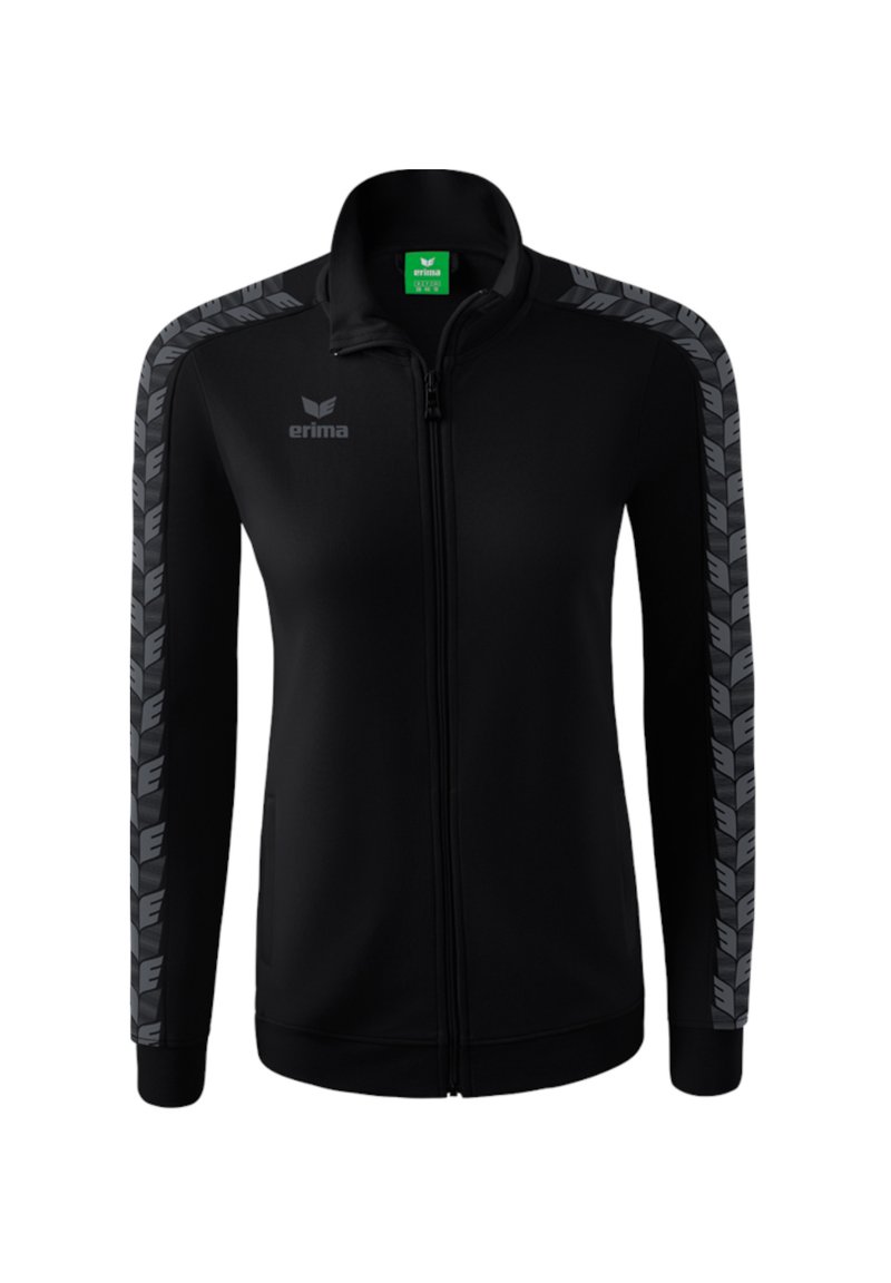 Giacca nera con zip, realizzata in tessuto morbido, con accenti grigi a motivo lungo le maniche e un logo sul petto. Presenta un collo alto.