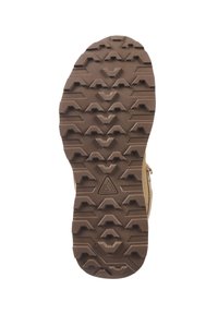 Suela de bota de goma marrón con un patrón de tracción multidireccional. Presenta un diseño de flecha puntiaguda y un logo en el centro.