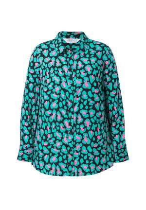 Camicia con bottoni caratterizzata da una stampa leopardata turchese e rosa su sfondo nero; maniche lunghe e colletto classico.