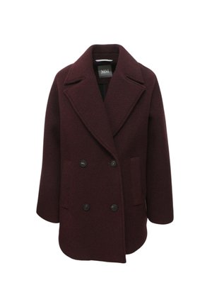Cappotto in misto lana borgogna con design doppiopetto, ampie rever e due tasche frontali. Presenta bottoni scuri e un motivo texturizzato.