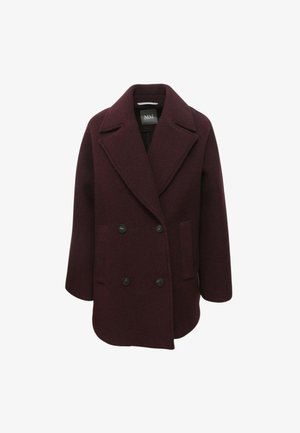 Cappotto in misto lana borgogna con design doppiopetto, ampie rever e due tasche frontali. Presenta bottoni scuri e un motivo texturizzato.