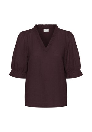 Blouse texturée violet foncé avec col en V, col à volants et manches courtes bouffantes avec poignets froncés.