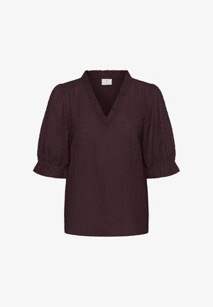 Blouse texturée violet foncé avec col en V, col à volants et manches courtes bouffantes avec poignets froncés.