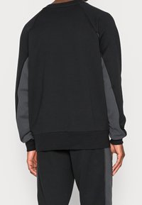 Sudadera negra con mangas raglán y paneles en gris oscuro, puños acanalados y un corte relajado. Material suave con una textura lisa.