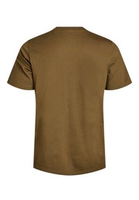 Camiseta de algodón marrón de manga corta. Presenta un cuello redondo, dobladillo recto y una textura suave sin patrones ni acentos.