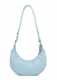 Borsa a spalla in pelle azzurro chiaro a forma di mezzaluna, con doppi manici sottili e dettagli di cucitura; presenta un particolare in metallo argentato.