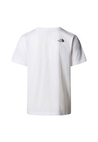 Hvid bomulds T-shirt med korte ærmer og rund halsudskæring. Ryggen har et lille sort logo i øverste venstre hjørne.