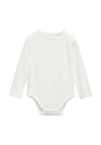 Body à manches longues en coton doux de couleur blanche, ornée de petits motifs de pois noirs et dotée d'un col rond avec des fermetures à pression au bas.