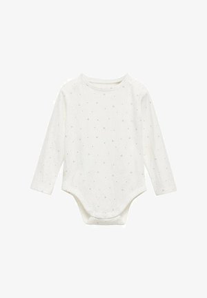 Bílý body s dlouhým rukávem vyrobený z měkké bavlny, se vzorem malých černých teček po celé ploše a kulatým výstřihem s zapínáním na spodní části.
