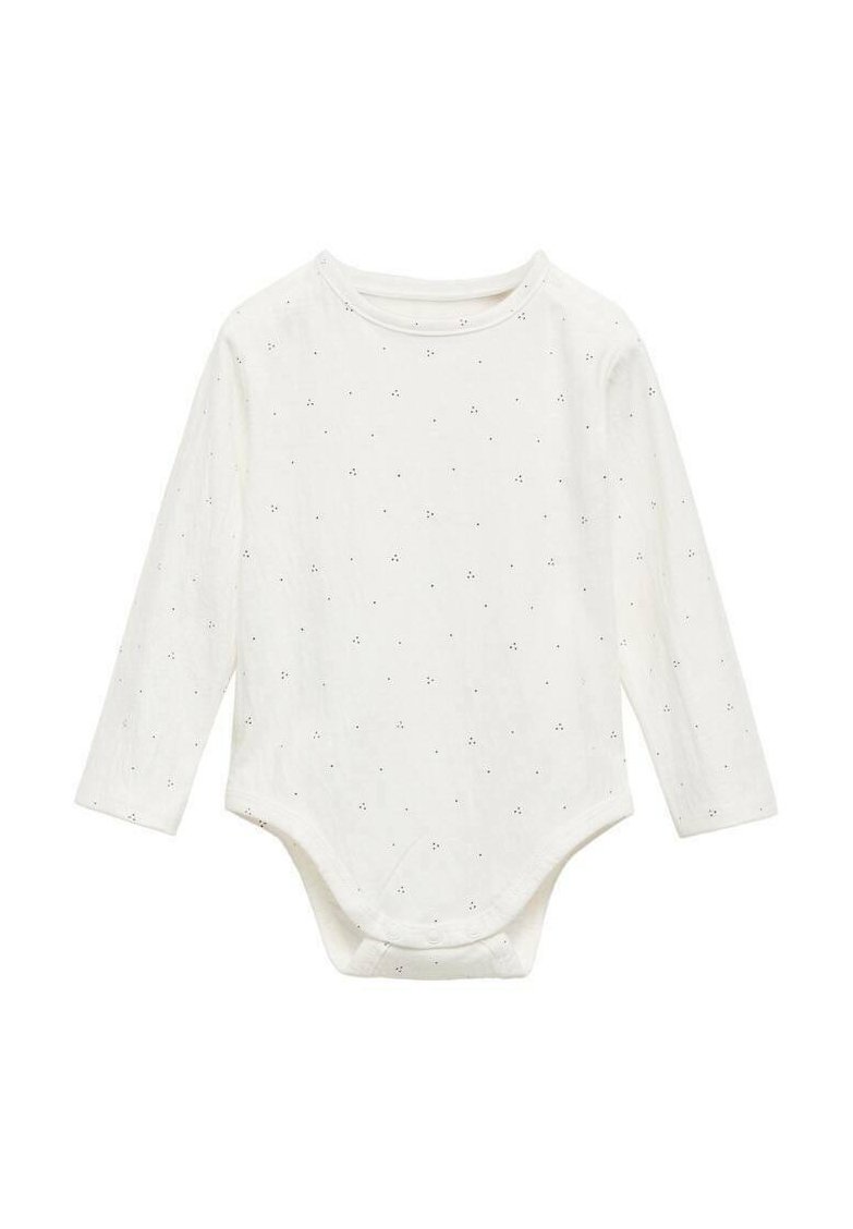 Bílý body s dlouhým rukávem vyrobený z měkké bavlny, se vzorem malých černých teček po celé ploše a kulatým výstřihem s zapínáním na spodní části.