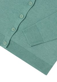 Ljusgrön cardigan med runda knappar, ribbade ärmslut och nederkant. Mjuk textur med en något figursydd design och slät yta.
