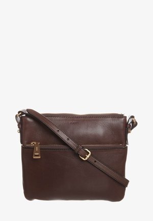 Brown leather crossbody bag with adjustable strap, gold zipper, and subtle embossed brand name on smooth texture.