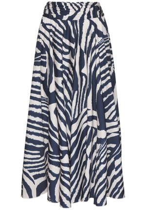 Long skirt with navy and white zebra stripes, gathered waistband, flowing fabric, and an A-line silhouette.