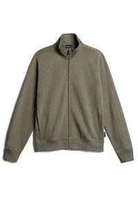 Giacca verde con zip, colletto alto, maniche lunghe, tasche laterali, polsini a coste e piccolo logo ricamato della bandiera sul petto.