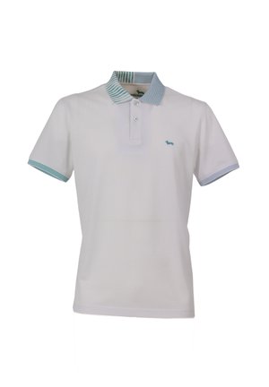 Valkoinen polo-paita, jossa on raidallinen kaulus ja hihansuuhait, ja jossa on pieni sininen logo vasemmassa rinnassa. Valmistettu hengittävästä kankaasta.