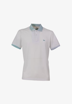 Polo shirt bianca con colletto a strisce e orli delle maniche, con un piccolo logo blu sul lato sinistro del petto. Realizzata in tessuto traspirante.