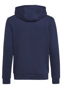 Marinblå hoodie med fodrad huva, långa ärmar, ribbade muddar och nederkant. Tillverkad av mjukt tyg med en enfärgad, strukturerad yta.