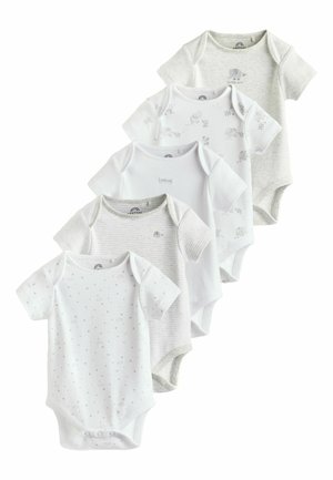 Five short-sleeve baby bodysuits in white and light gray with subtle animal and star patterns, arranged overlapping on a white background.