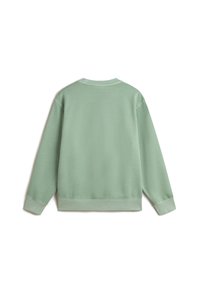 Felpa verde menta con scollo rotondo, maniche lunghe e polsini a costine. Texture morbida e design semplice, caratterizzato da un colore uniforme senza motivi.