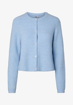 Lichtblauwe, gebreide cardigan met lange mouwen, een ronde hals en vijf knopen aan de voorkant, gemaakt van een zacht gestructureerde stof.