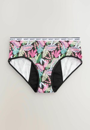 Ropa interior con estampado floral que presenta una base negra, patrones vibrantes en rosa y verde, y una cinturilla blanca con la marca "NEXT". Tejido transpirable.