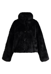 Schwarze, kurz geschnittene Jacke aus Fell mit hohem Kragen, weicher Textur und vorderen Knopfverschlüssen. Verfügt über weite Ärmel und ein plüschiges Aussehen.