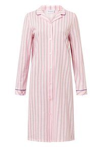 Vestaglia a strisce nei colori rosa, blu e bianco. Maniche lunghe, chiusura con bottoni, colletto e polsini a contrasto. Tessuto morbido con strisce verticali.