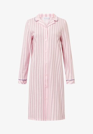 Pasiasta koszula nocna w kolorze różowym, niebieskim i białym. Długie rękawy, zapięcie na guziki, kołnierzyk i kontrastowe mankiety. Miękka tkanina z pionowymi paskami.