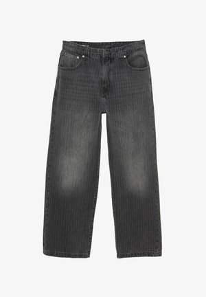 Jeans neri a gamba dritta con sottili righe verticali, chiusura frontale a bottone e design a cinque tasche.