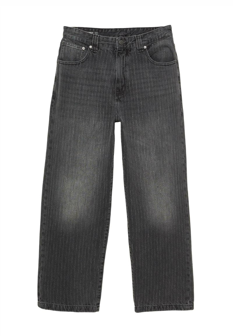 Fekete egyenes szárú farmernadrág diszkrét függőleges csíkokkal, elülső gombos záródással és öt zsebes kivitelben.