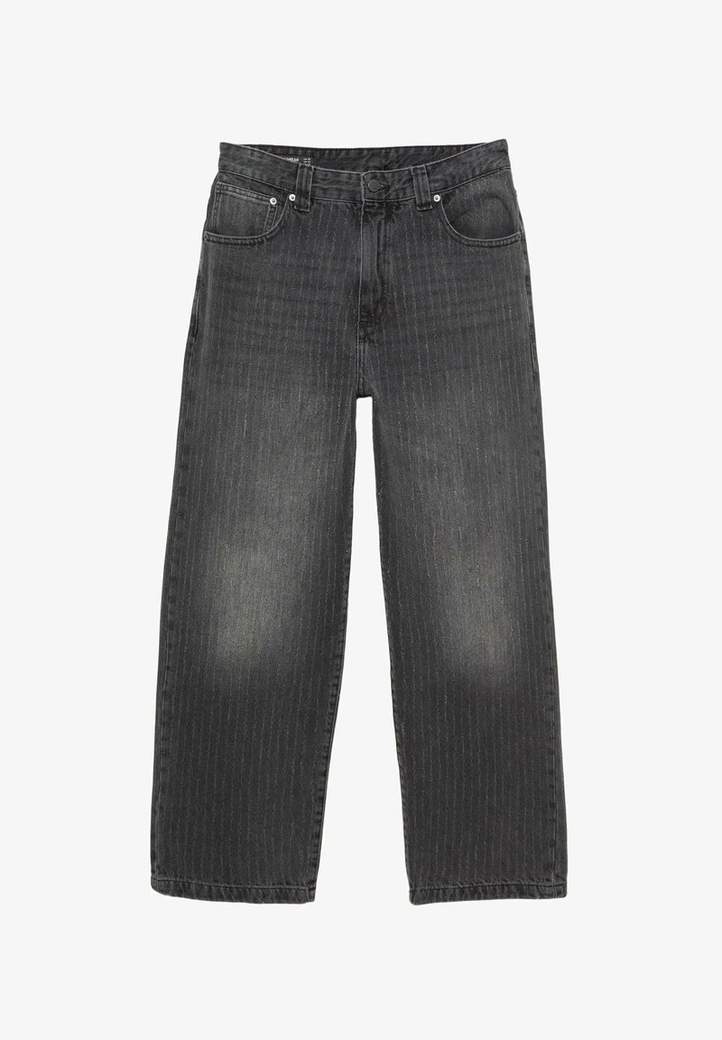 Jeans neri a gamba dritta con sottili righe verticali, chiusura frontale a bottone e design a cinque tasche.