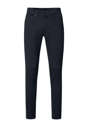 Schmal geschnittene, dunkelblaue strukturierte Herrenjeans mit Fronttaschen, Gürtelschlaufen und Knopfverschluss.