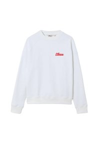 Sudadera blanca de manga larga con cuello redondo y logo rojo de "Ellesse" en el pecho, puños y dobladillo de canalé.