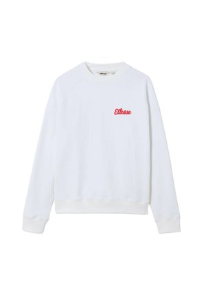 Witte langslavige sweatshirt met ronde hals en rood "Ellesse" logo op de borst, geribbelde manchetten en onderrand.