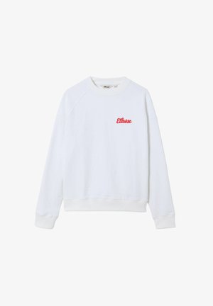 Witte langslavige sweatshirt met ronde hals en rood "Ellesse" logo op de borst, geribbelde manchetten en onderrand.