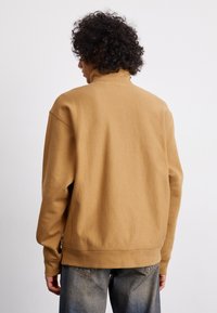 Brown sweatshirt with a high collar and ribbed hem, featuring a relaxed fit and soft texture. Worn with light blue, faded jeans.