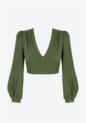 Olivgrünes Crop-Top mit tiefem V-Ausschnitt, langen Ballonärmeln und dezenten vertikalen Falten am Oberteil. Glatte Stoffstruktur.