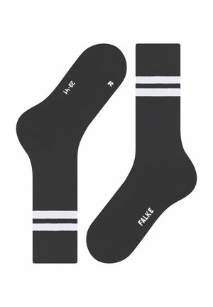 Black mid-calf socks with two white horizontal stripes near the top, labeled "R" on right sock and "FALKE" on sole.
