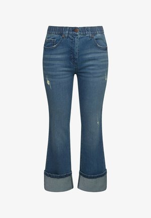 Blue denim jeans with a cropped design, featuring a wide cuff at the hem and distressed details on the front pockets.