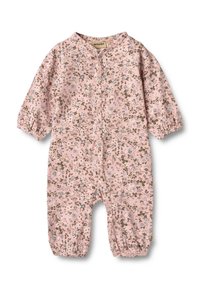 Ružový detský overal s dlouhými rukávmi, cvokmi na gombíky vpredu, elastickými manžetami a malým kvetinovým vzorom v zelenej, bielej a fialovej farbe.