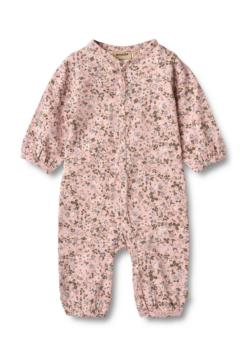 Ružový detský overal s dlouhými rukávmi, cvokmi na gombíky vpredu, elastickými manžetami a malým kvetinovým vzorom v zelenej, bielej a fialovej farbe.