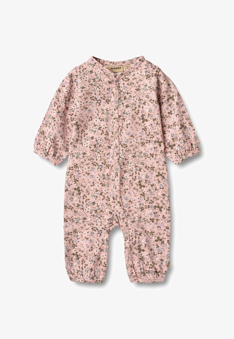 Ružový detský overal s dlouhými rukávmi, cvokmi na gombíky vpredu, elastickými manžetami a malým kvetinovým vzorom v zelenej, bielej a fialovej farbe.