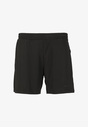 Pantaloni corti neri realizzati in tessuto leggero, con una cintura elastica e un design semplice, senza motivi o hardware visibili.