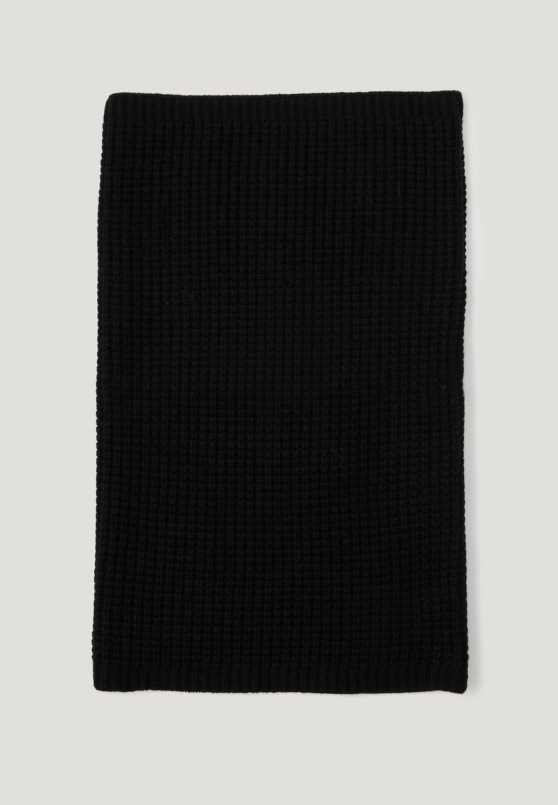 Black knit scarf with a textured, ribbed pattern. The edges are neatly finished, and the fabric appears soft and flexible.