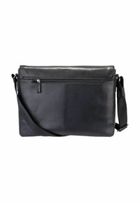 Schwarze Leder-Umhängetasche mit Klappe zum Umklappen, verstellbarem Schulterriemen, vorderer Reißverschlusstasche und glatter Textur.