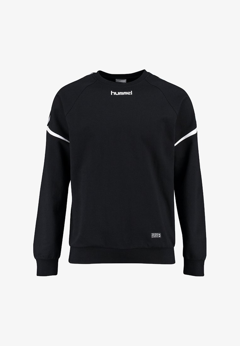 Sweat-shirt noir à manches longues, poignets et ourlet côtelés, accents blancs, et logo "hummel" sur le devant. Confectionné en tissu doux et texturé.