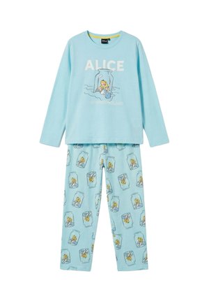 Pijama de manga larga azul claro con Alicia del País de las Maravillas atrapada dentro de un frasco, con un patrón repetido de frascos en los pantalones.