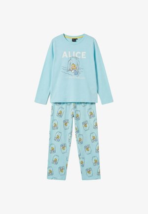 Pijama de manga larga azul claro con Alicia del País de las Maravillas atrapada dentro de un frasco, con un patrón repetido de frascos en los pantalones.
