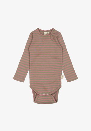 Bodysuit dugih rukava s ružičastim i zelenim vertikalnim prugama, rebrastom teksturom, kopčanjem na dnu i okruglim izrezom.